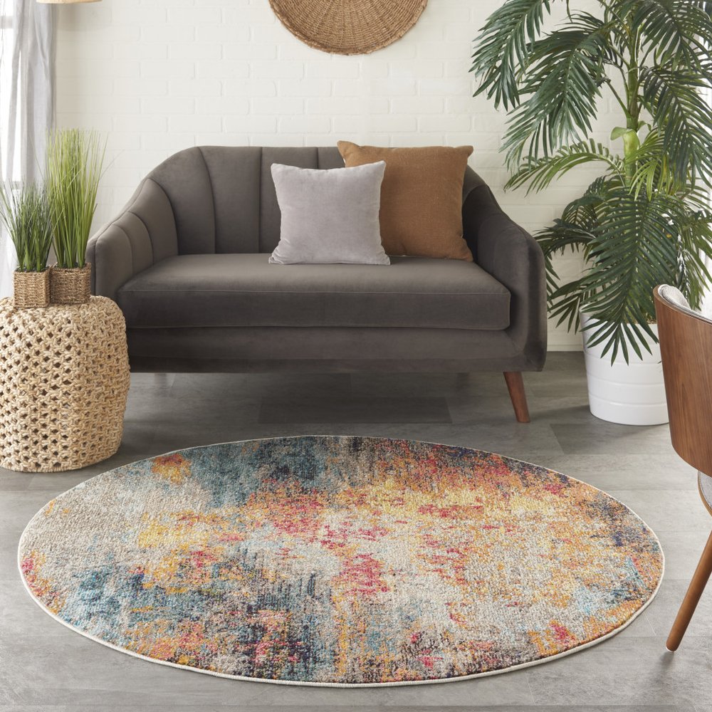 4' Blue And Orange Abstract Round Rug
