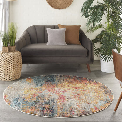 4' Blue And Orange Abstract Round Rug