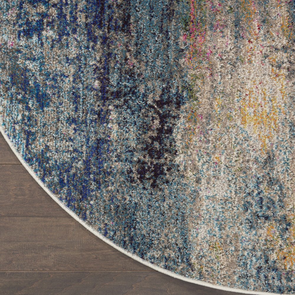 4' Blue And Ivory Abstract Round Rug