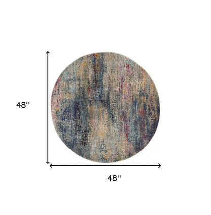 4' Blue And Ivory Abstract Round Rug