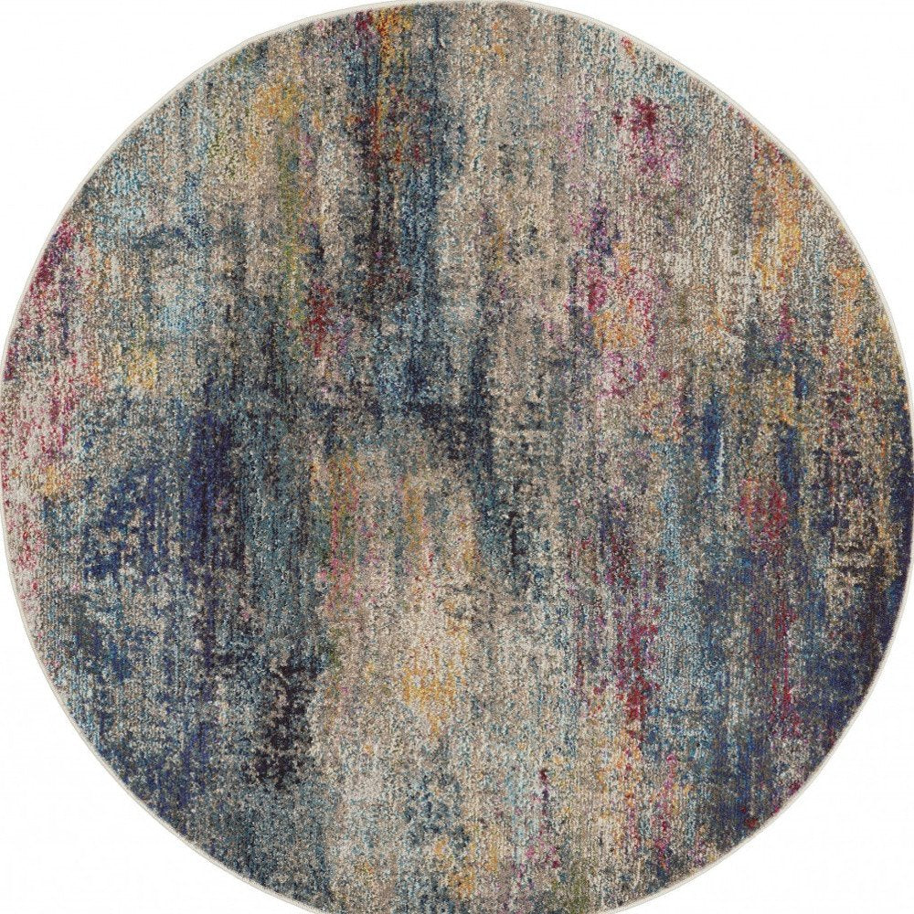 4' Blue And Ivory Abstract Round Rug