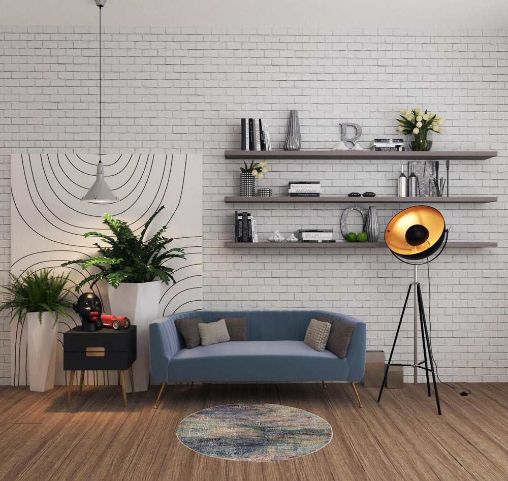 4' Blue And Ivory Abstract Round Rug