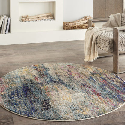4' Blue And Ivory Abstract Round Rug