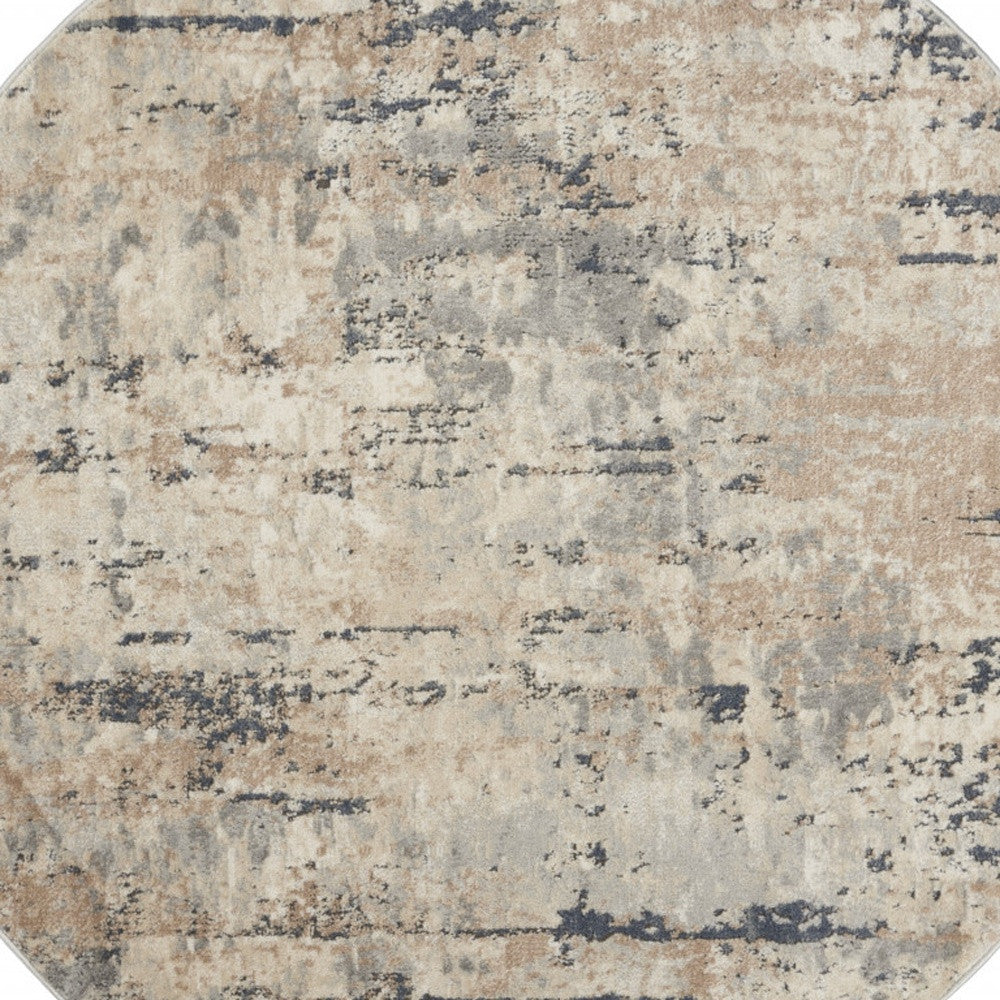 4' X 4' Beige And Grey Round Abstract Power Loom Non Skid Area Rug