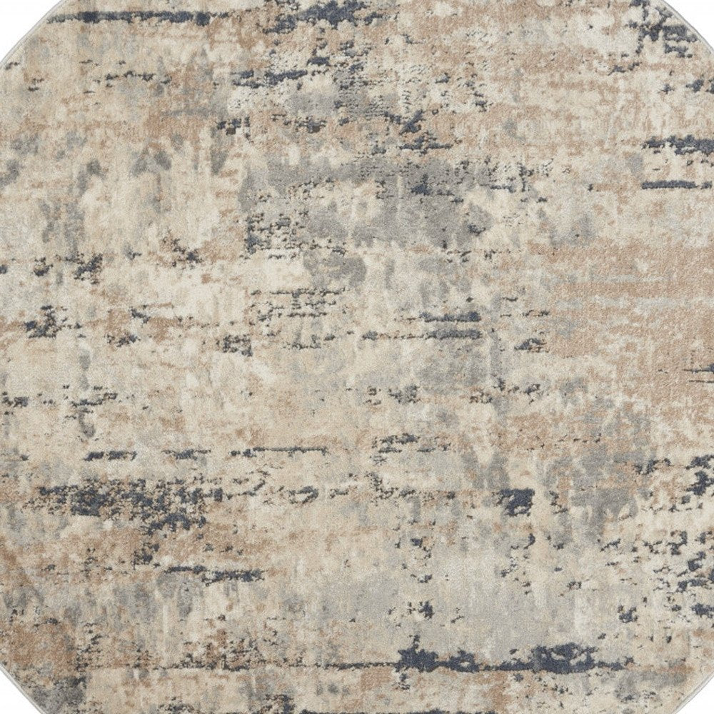 4' X 4' Beige And Grey Round Abstract Power Loom Non Skid Area Rug