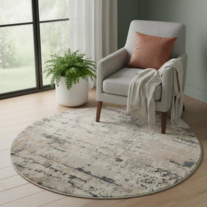 4' X 4' Beige And Grey Round Abstract Power Loom Non Skid Area Rug