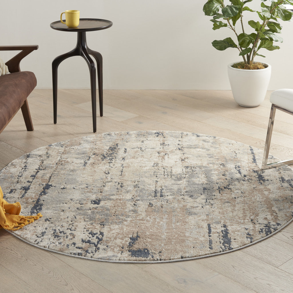 4' X 4' Beige And Grey Round Abstract Power Loom Non Skid Area Rug