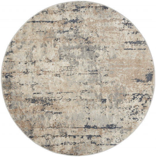 5' X 5' Beige And Grey Round Abstract Power Loom Non Skid Area Rug