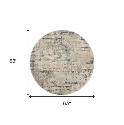 5' X 5' Beige And Grey Round Abstract Power Loom Non Skid Area Rug