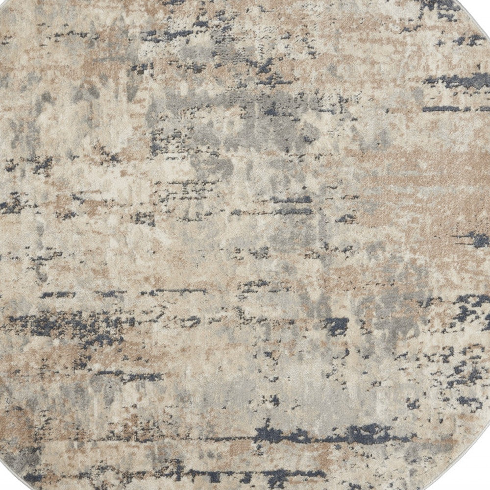 5' X 5' Beige And Grey Round Abstract Power Loom Non Skid Area Rug