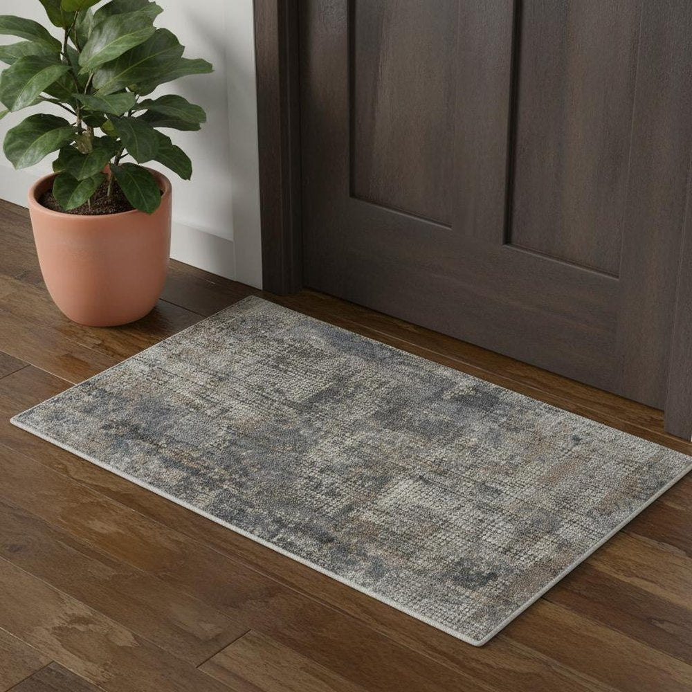 3' X 5' Blue And Beige Abstract Power Loom Distressed Non Skid Area Rug