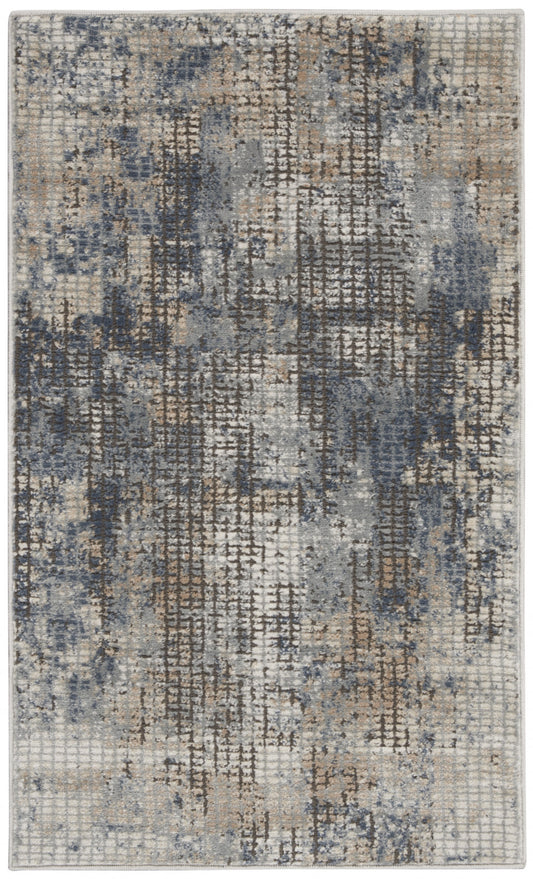 2' X 4' Blue And Beige Abstract Power Loom Distressed Non Skid Area Rug