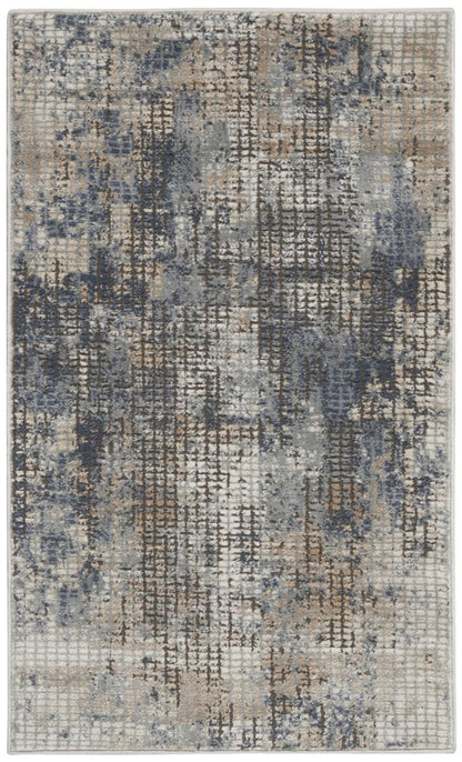 2' X 4' Blue And Beige Abstract Power Loom Distressed Non Skid Area Rug