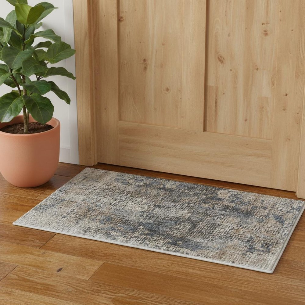 2' X 4' Blue And Beige Abstract Power Loom Distressed Non Skid Area Rug