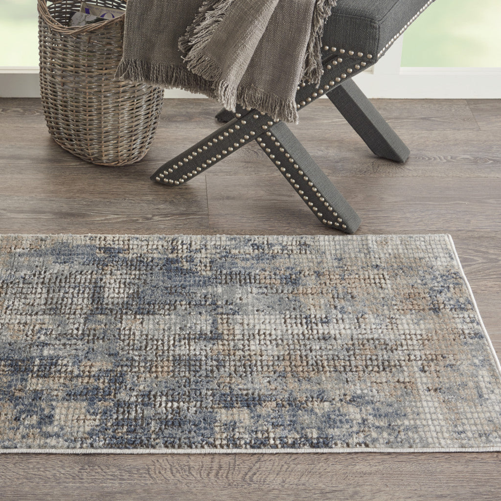 2' X 4' Blue And Beige Abstract Power Loom Distressed Non Skid Area Rug