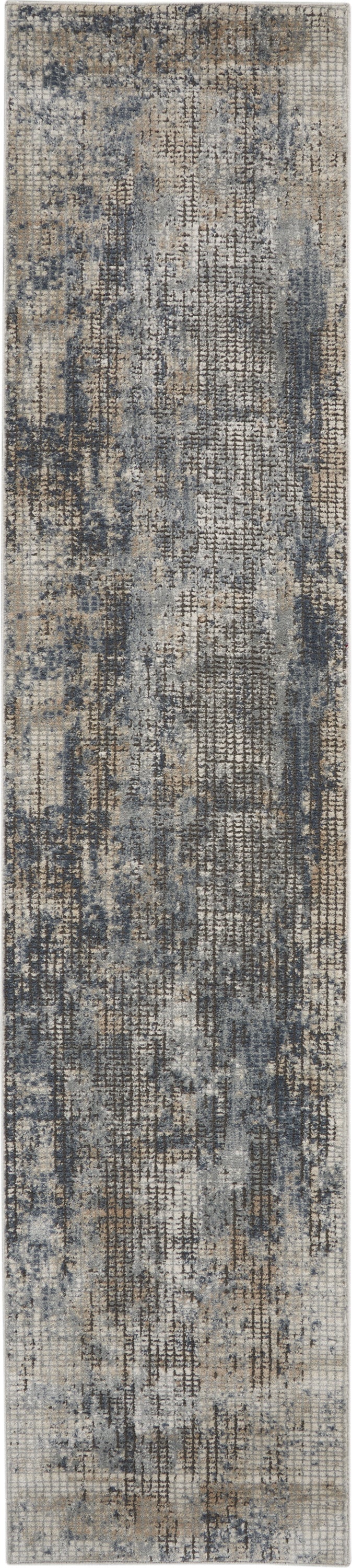 2' X 8' Blue And Beige Abstract Power Loom Distressed Non Skid Runner Rug