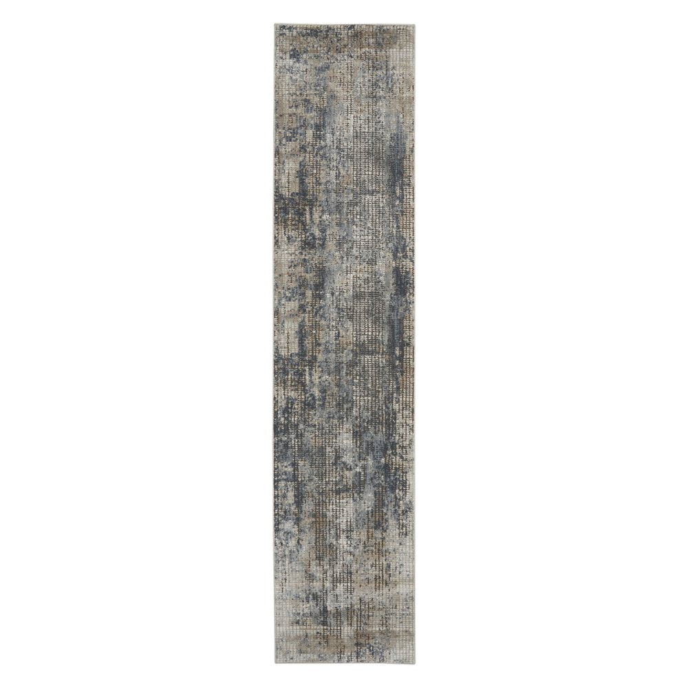 2' X 8' Blue And Beige Abstract Power Loom Distressed Non Skid Runner Rug
