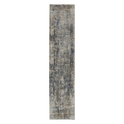 2' X 8' Blue And Beige Abstract Power Loom Distressed Non Skid Runner Rug
