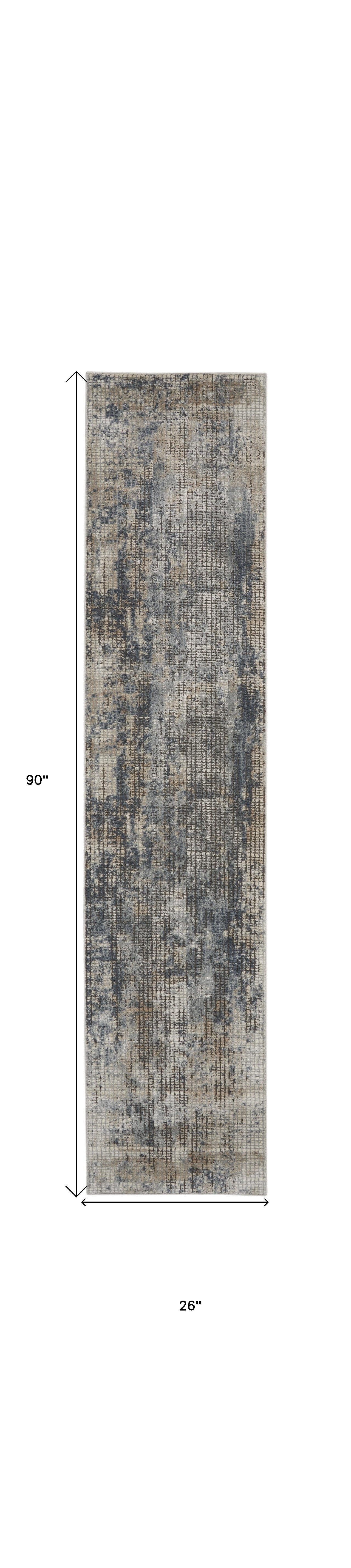 2' X 8' Blue And Beige Abstract Power Loom Distressed Non Skid Runner Rug