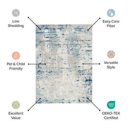 2' X 8' Blue And Beige Abstract Power Loom Distressed Non Skid Runner Rug