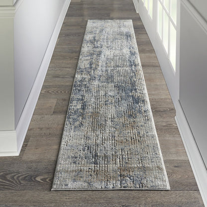 2' X 8' Blue And Beige Abstract Power Loom Distressed Non Skid Runner Rug