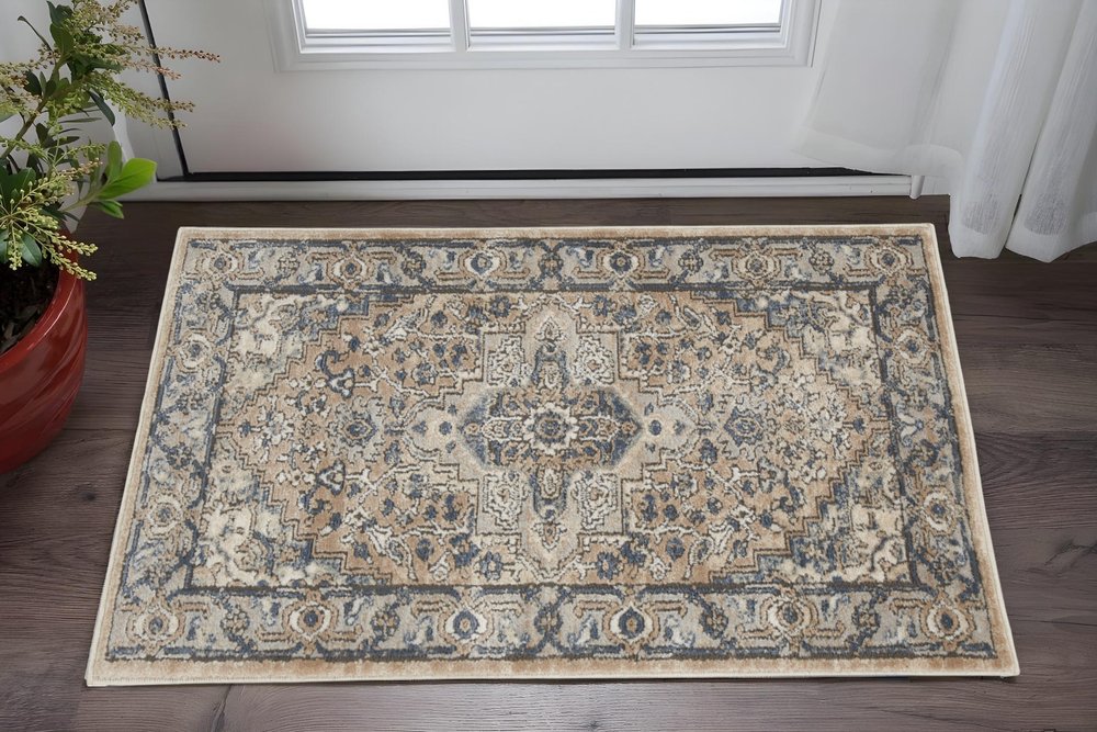 2' X 4' Beige And Ivory Oriental Distressed Area Rug