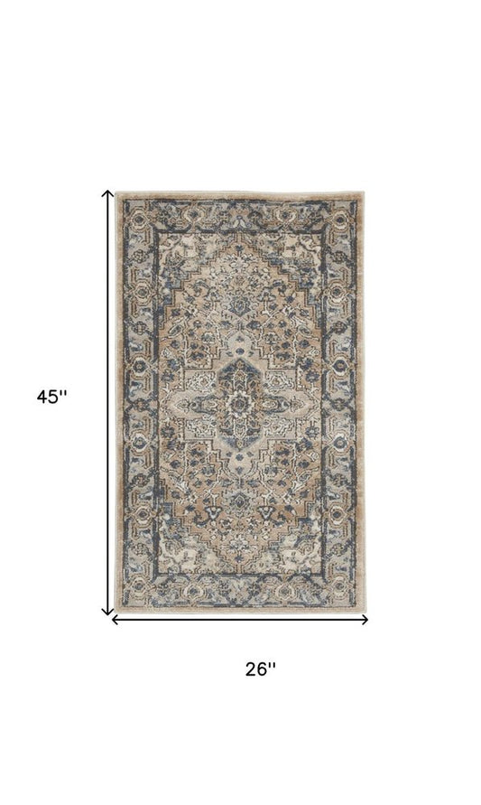2' X 4' Beige And Ivory Oriental Distressed Area Rug