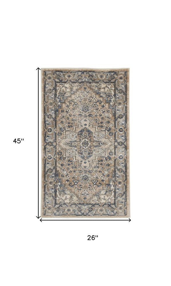 2' X 4' Beige And Ivory Oriental Distressed Area Rug