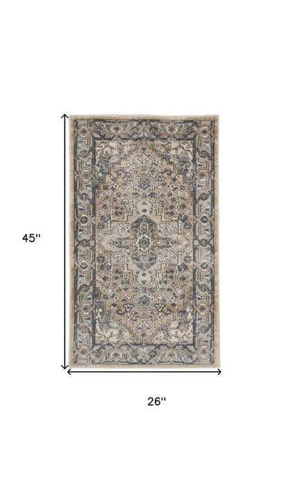 2' X 4' Beige And Ivory Oriental Distressed Area Rug
