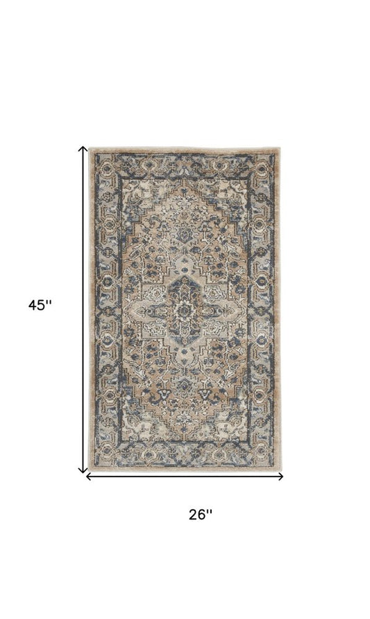2' X 4' Beige And Ivory Oriental Distressed Area Rug