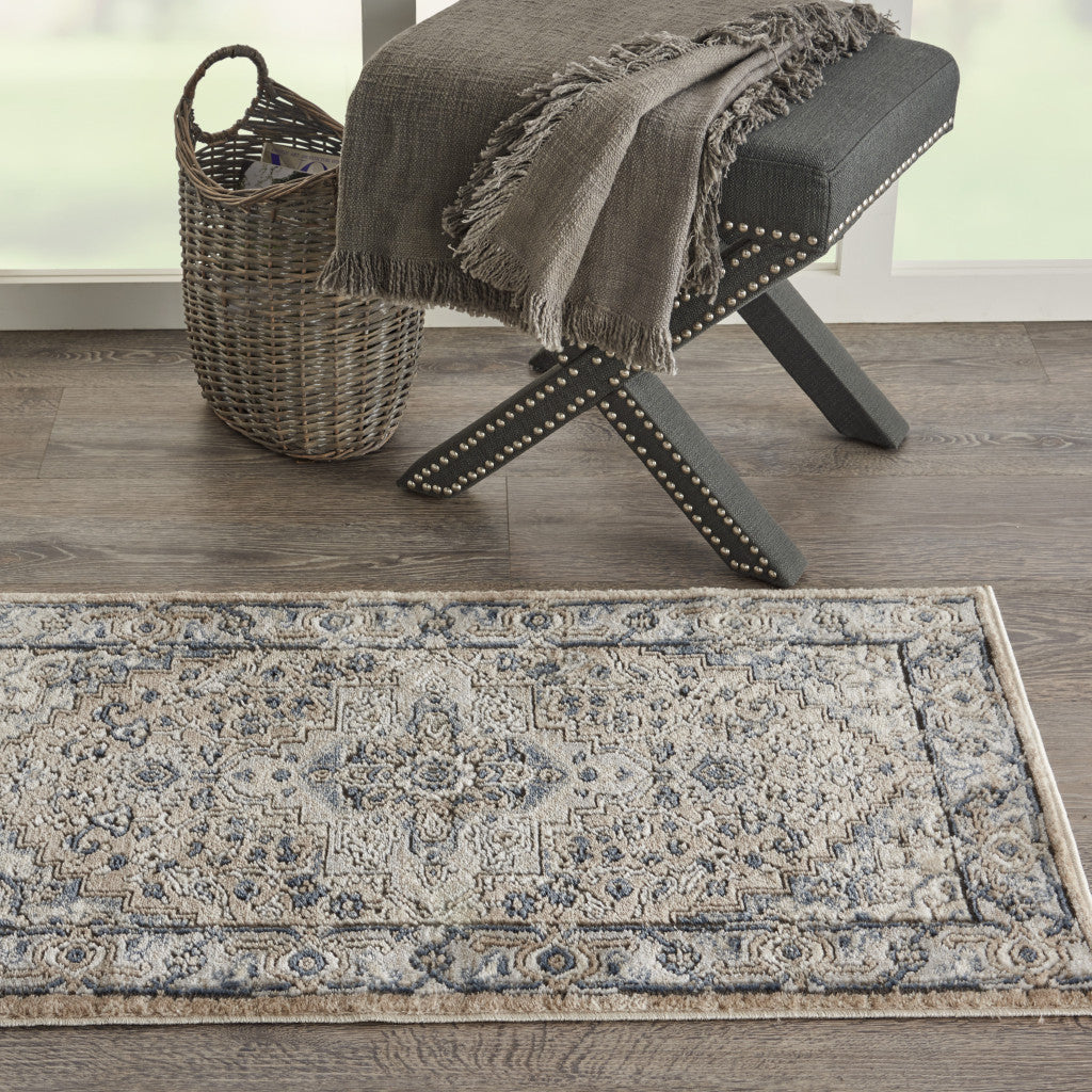 2' X 4' Beige And Grey Oriental Power Loom Non Skid Area Rug