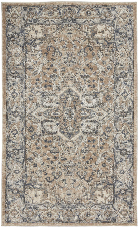 3' X 5' Beige And Grey Oriental Power Loom Non Skid Area Rug