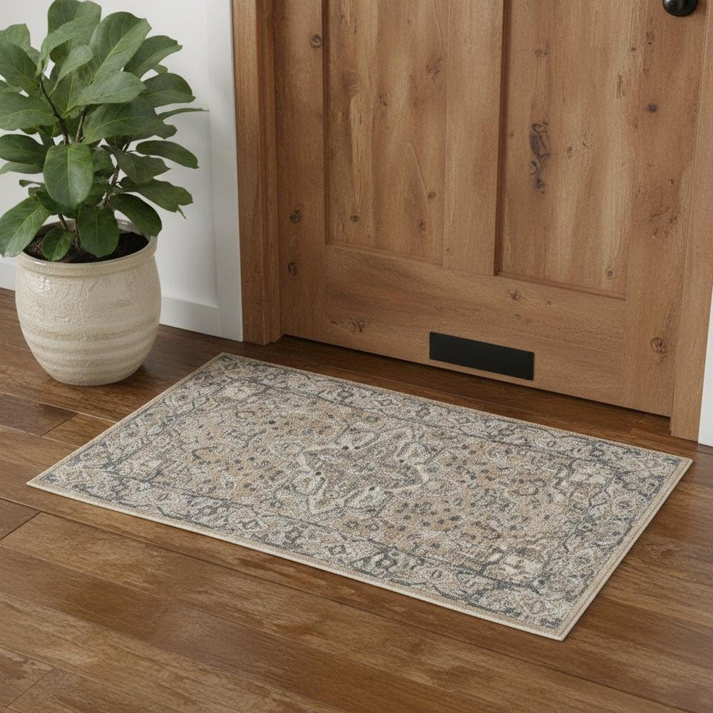3' X 5' Beige And Grey Oriental Power Loom Non Skid Area Rug