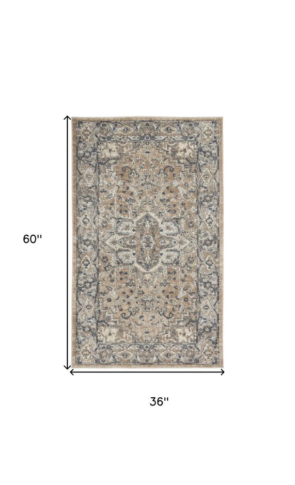 3' X 5' Beige And Grey Oriental Power Loom Non Skid Area Rug