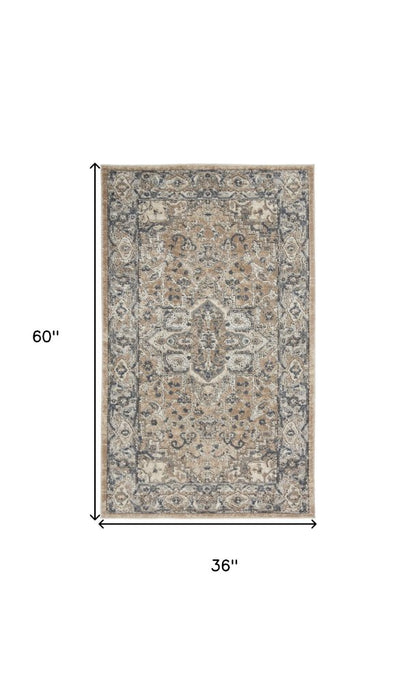 3' X 5' Beige And Grey Oriental Power Loom Non Skid Area Rug
