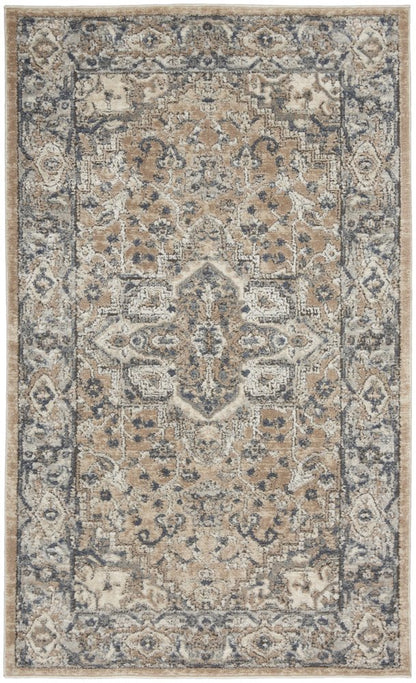 3' X 5' Beige And Grey Oriental Power Loom Non Skid Area Rug