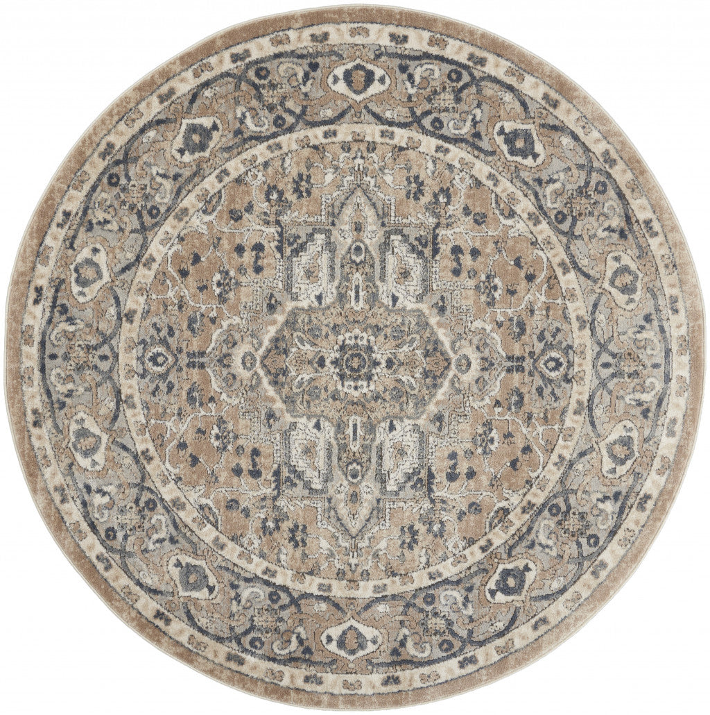 4' X 4' Beige And Grey Round Oriental Power Loom Non Skid Area Rug