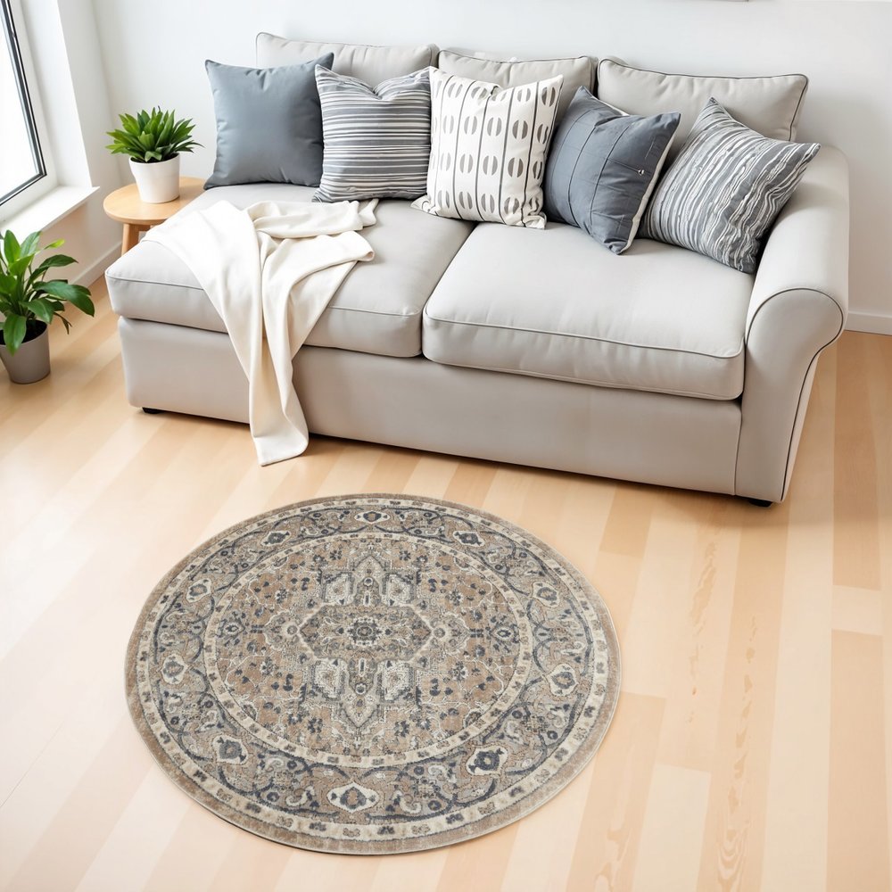 4' Beige And Ivory Oriental Distressed Round Rug