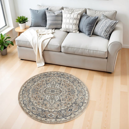 4' Beige And Ivory Oriental Distressed Round Rug