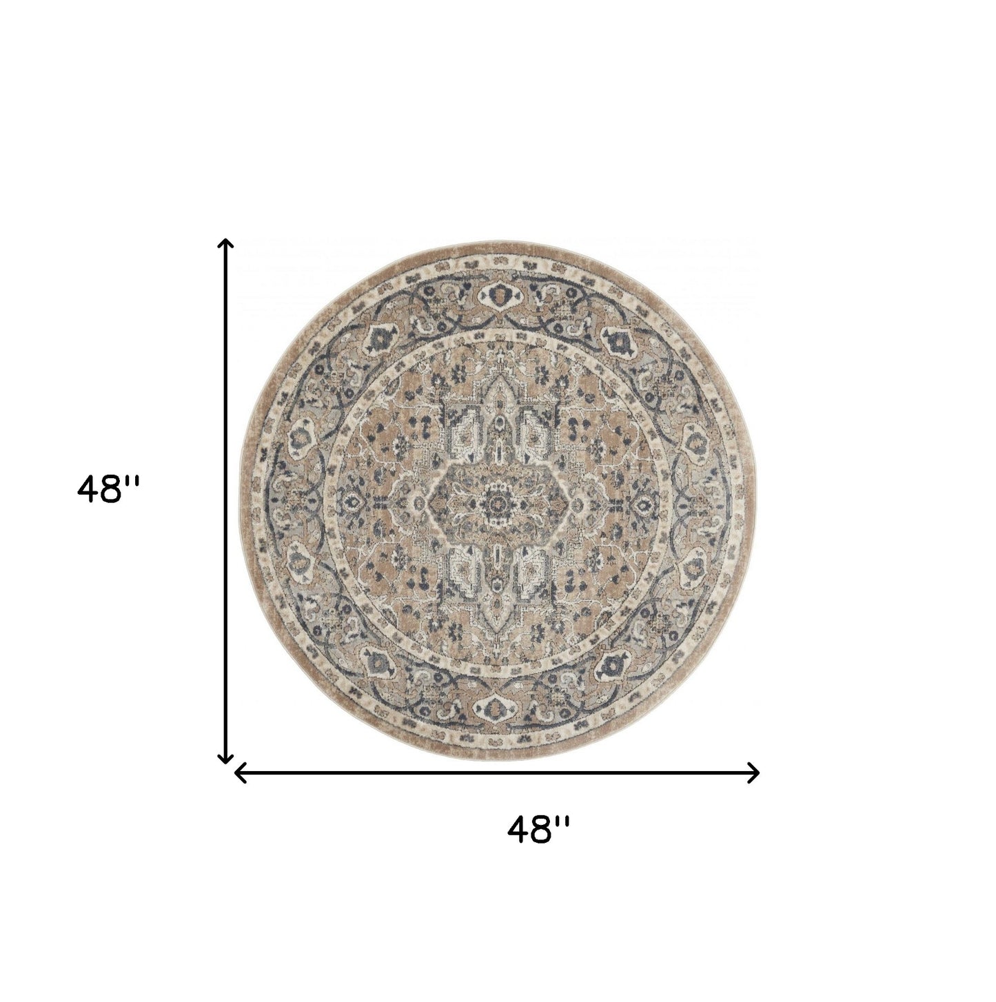 4' X 4' Beige And Grey Round Oriental Power Loom Non Skid Area Rug