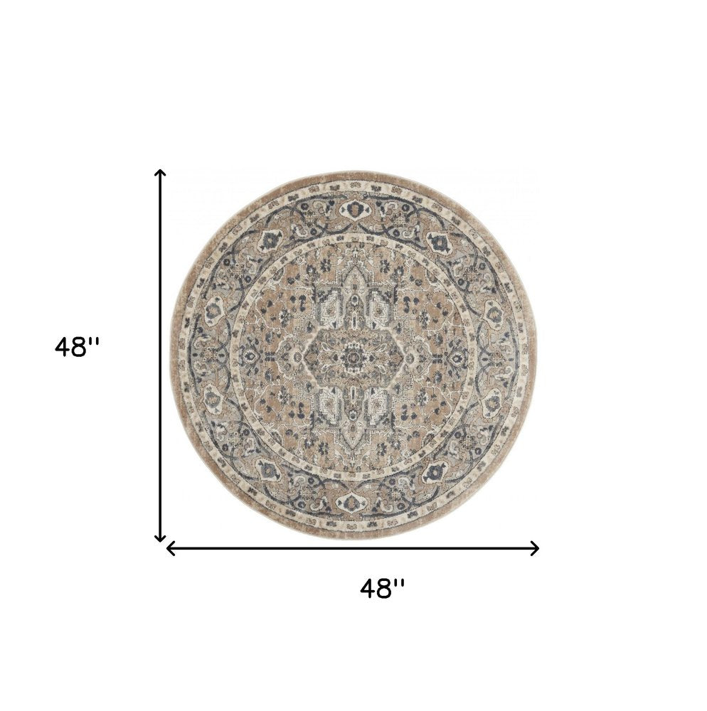 4' Beige And Ivory Oriental Distressed Round Rug