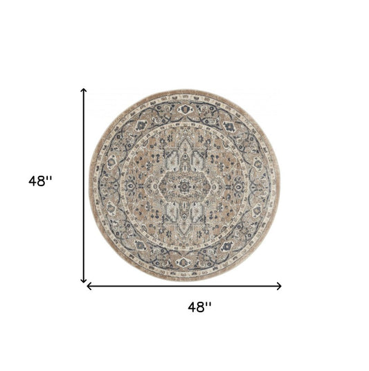 4' Beige And Ivory Oriental Distressed Round Rug
