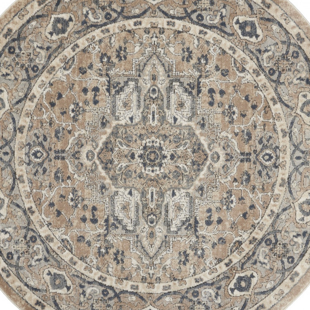 4' X 4' Beige And Grey Round Oriental Power Loom Non Skid Area Rug