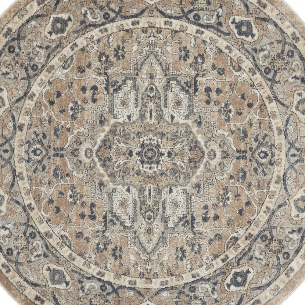 4' Beige And Ivory Oriental Distressed Round Rug