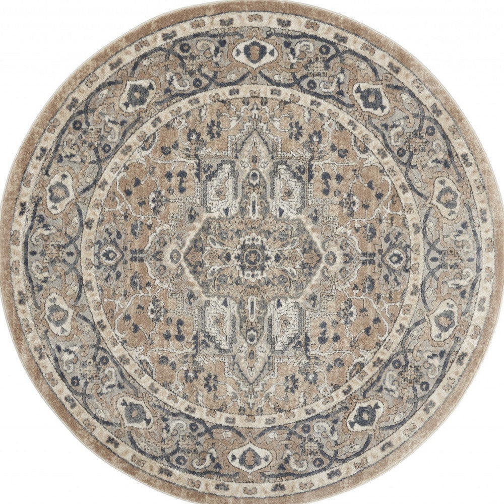 4' X 4' Beige And Grey Round Oriental Power Loom Non Skid Area Rug