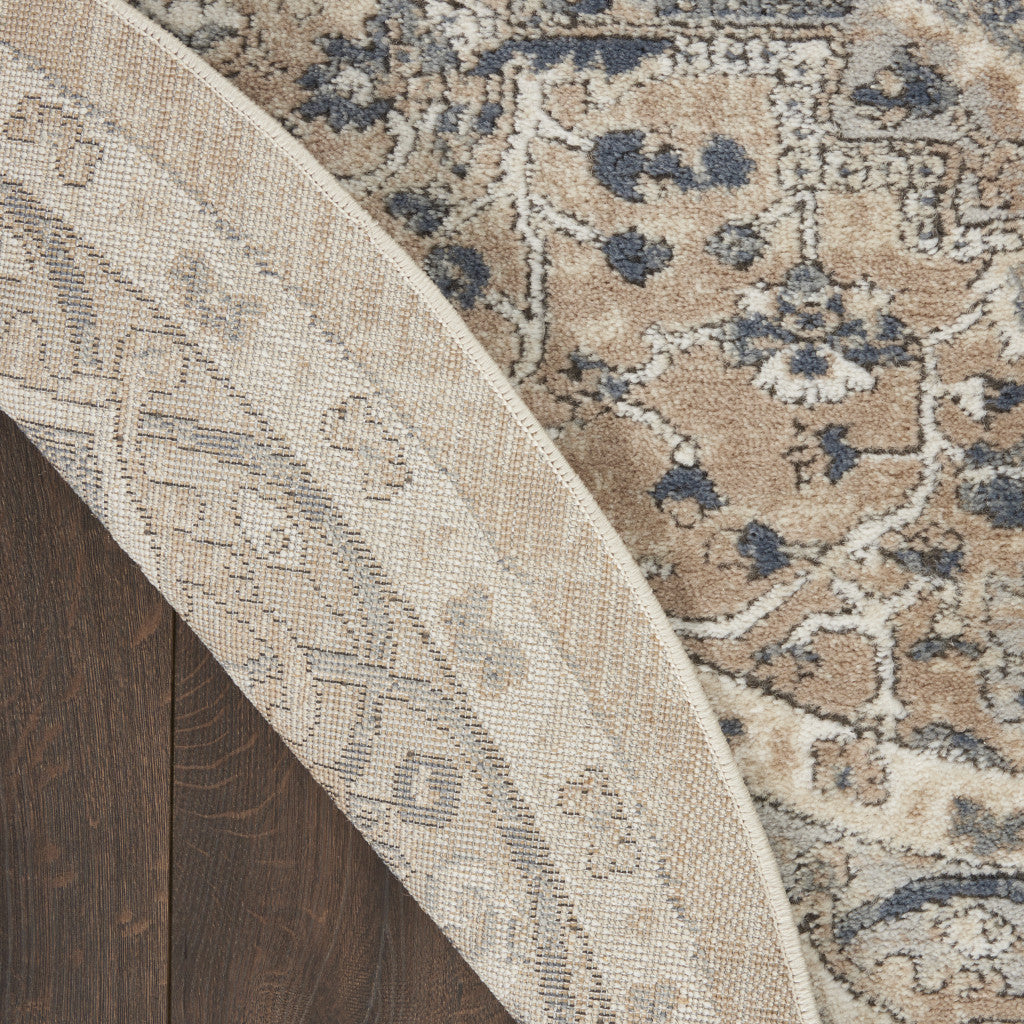 5' X 5' Beige And Grey Round Oriental Power Loom Non Skid Area Rug