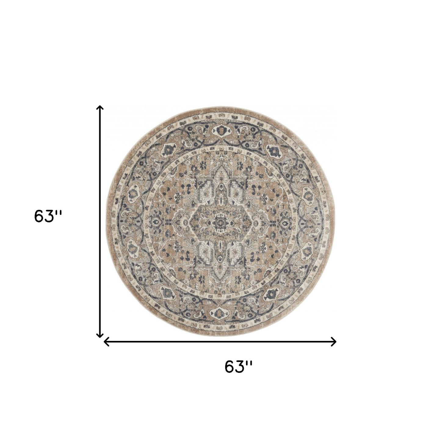 5' X 5' Beige And Grey Round Oriental Power Loom Non Skid Area Rug