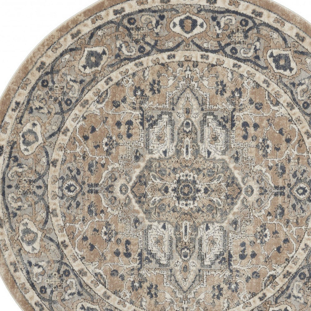 5' X 5' Beige And Grey Round Oriental Power Loom Non Skid Area Rug