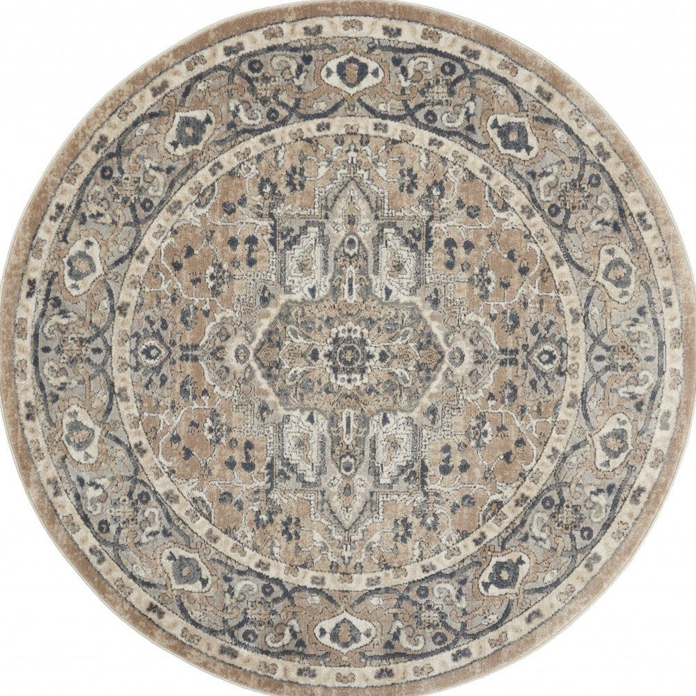5' X 5' Beige And Grey Round Oriental Power Loom Non Skid Area Rug