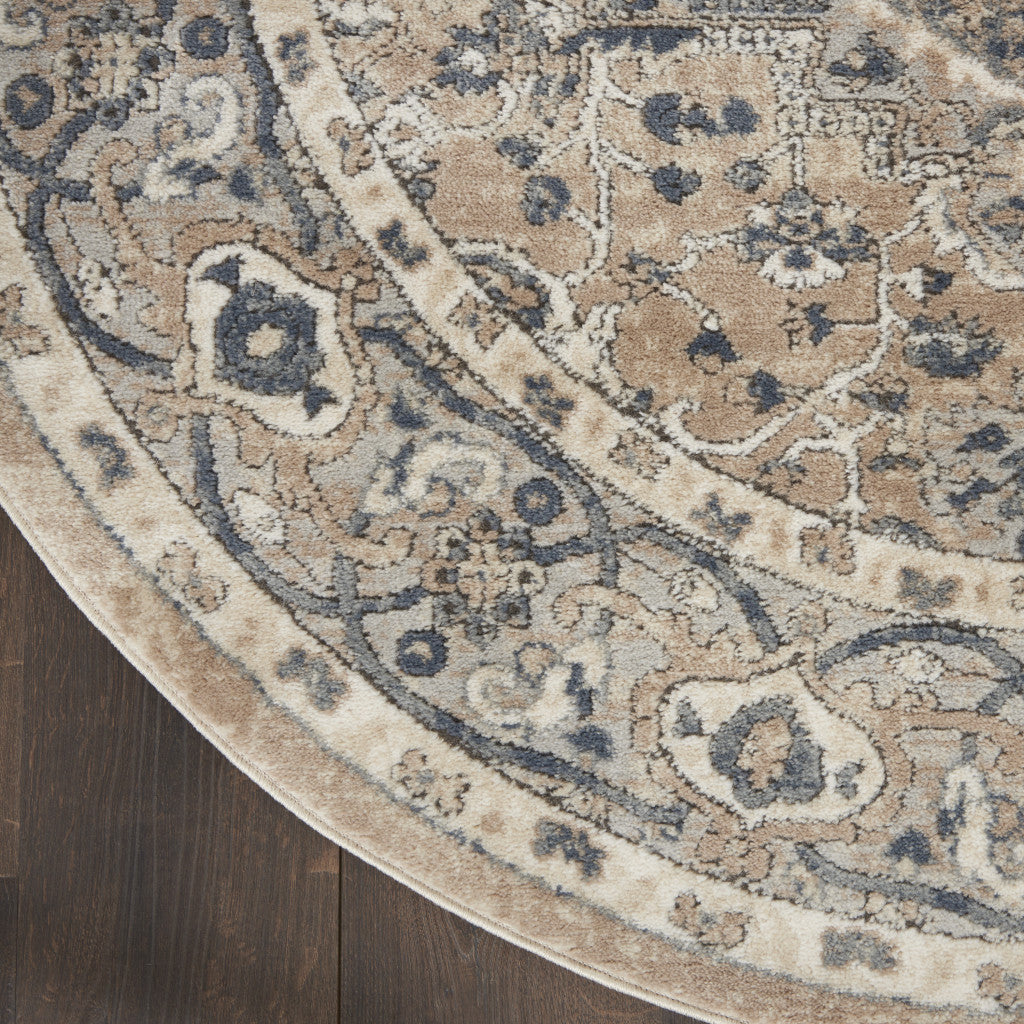 5' X 5' Beige And Grey Round Oriental Power Loom Non Skid Area Rug